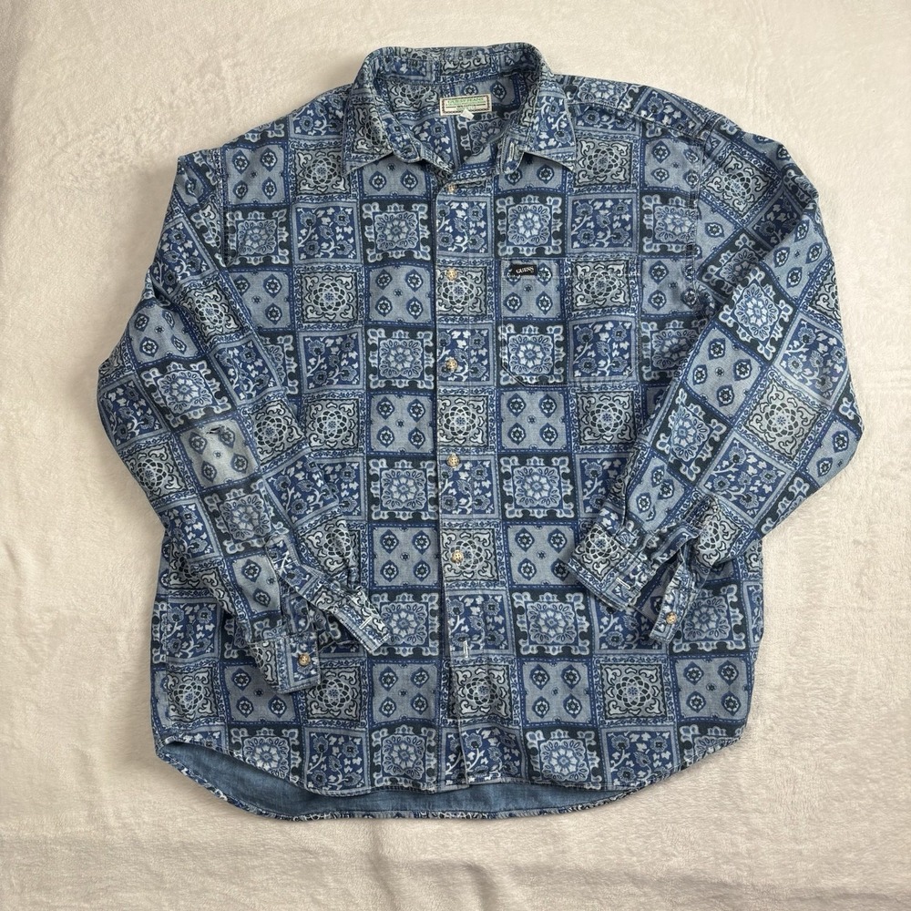 VTG Guess Jeans Paisley Blue Long Sleeve Button Up Collared Shirt Men's M Hole
